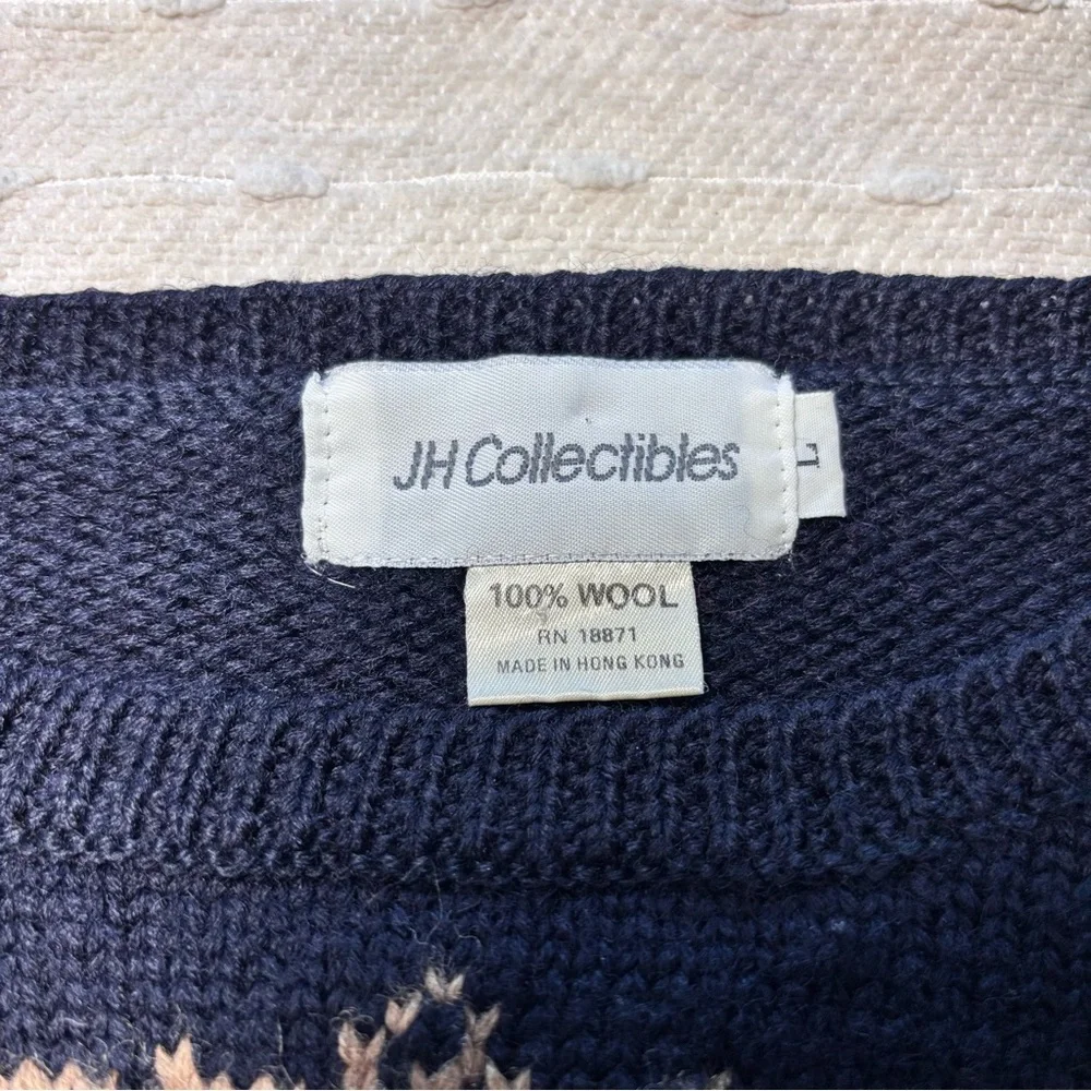 JH Collectibles Vintage 80s Navy Wool Floral Knit‎ Puff Shoulder Cardigan L